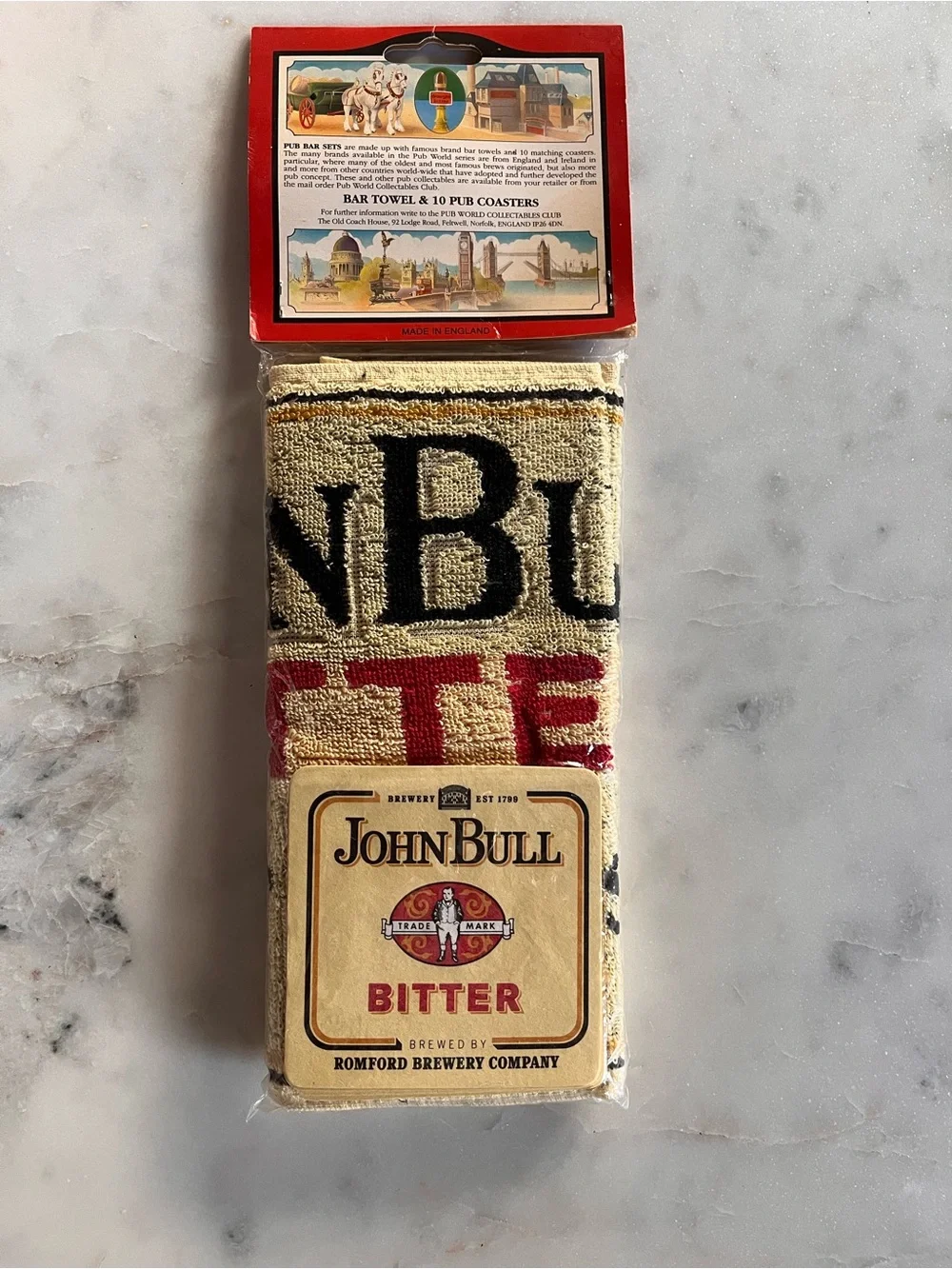 Vintage Pub World Collectables John Bull Bitter Bar Towel & 10 Coasters Set NIP